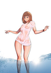 black_eyes blush breasts brown_hair damian eyebrows_visible_through_hair female fingernails medium_hair original parted_lips red_nails see-through solo sun watch water wet wet_clothes white_background wristwatch