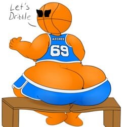 1girls 69 anthro ass ass_cleavage basketball basketball_uniform baskey_(sultryscribz) bench broken butt_crack exposed_ass female female_only hyper hyper_ass inanimate jersey overweight property_damage shorts shorts_down squish terebision text wide_hips