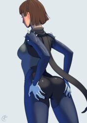 1girls 5_fingers ass atlus bodysuit brown_hair count_kristo female makoto_niijima persona persona_5 persona_5_royal png signature simple_background solo spikes