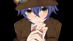 blue_hair clothing cum daiji detective detective_girl_of_the_steam_city eyewear female game_cg gold_eyes handjob headwear human male manual outerwear pale_skin short_hair smile sophie_(detective_girl_of_the_steam_city) sophie_winters tomboy