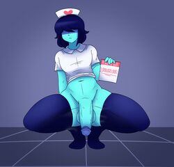 1boy blue_skin deltarune eyes_covered femboy hornynym kris_(deltarune) male male_only musk nurse nurse_cap nurse_uniform presenting_penis solo steam thick_thighs