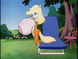 animaniacs anthro big_breasts blonde_hair breast_implants dress illis minerva_mink orange_dress screenshot_edit