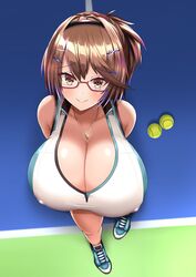 big_breasts brown_hair cute dyed_hair eyeliner eyewear glasses happy huge_breasts large_breasts legs mameneko minami_rina necklace nipples_visible_through_clothing short_hair smile tennis tennis_ball