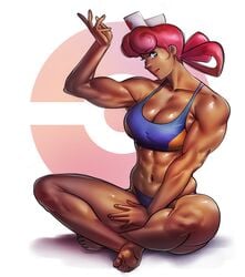 1girls 2020 abs big_breasts blue_eyes breasts cleavage dark-skinned_female dark_skin female female_only large_breasts looking_at_viewer muscles muscular muscular_female nintendo nurse_cap nurse_joy ph pink_hair pokemon short_hair solo sports_bra white_background