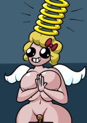 angel_wings blonde_hair bow breast_squeeze breasts chalice convenient_censoring female halo leathericecream magdalene_(the_binding_of_isaac) praying smiling the_binding_of_isaac thighs wide_eyes