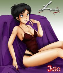 1girls black_hair black_panties blue_eyes breasts camisole character_name cleavage clothed clothed_female eyeshadow female female_focus female_only jago_dibuja lace-trimmed_panties lexie_(jago_dibuja) medium_breasts panties photo pixie_cut red_camisole short_hair solo solo_female solo_focus underwear