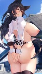 1girls animal_ears ass_focus atago_(azur_lane) atago_(stunning_speedster)_(azur_lane) azur_lane back_view big_breasts black_hair blue_sky blurry_background bracelets checkered clouds dog_ears exposed_breasts female female_focus female_only hands_behind_back highres large_breasts long_hair looking_at_viewer nipples outdoors outside race_queen sideboob sky solo solo_female solo_focus swimsuit thighhighs tongue topless topless_female u_ronnta yellow_eyes