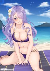 1girls :p alternate_costume bare_legs beach bikini breasts camilla_(fire_emblem) camilla_(summer)_(fire_emblem) cleavage cryptid_crab female female_only fire_emblem fire_emblem_fates fire_emblem_heroes flower hair_flower large_breasts licking_lips long_hair nintendo nipples official_alternate_costume one_eye_covered purple_bikini purple_eyes purple_hair purple_nails purple_swimsuit seaside solo swimsuit thighs tongue tongue_out towel very_long_hair wavy_hair white_flower wide_hips