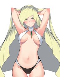 1girls armpits arms_behind_head belly_button bikini blonde_hair blush dean eye_contact female green_eyes long_hair looking_at_viewer lusamine_(pokemon) mature_female milf mother nintendo pale-skinned_female pale_skin pokemon pokemon_sm small_breasts thigh_gap white_background