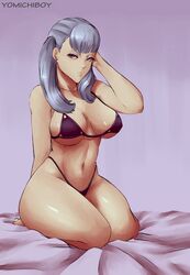 1girls bed black_clover bra breasts female female_only hair_flip large_breasts long_hair looking_to_the_side noelle_silva on_bed on_knees panties purple_eyes silver_hair solo teenager thick_lips thick_thighs thighs twintails watermark yomichiboy