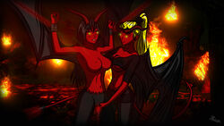 2020 2girls artist_signature black_hair blonde_hair blush breasts chains crown demon demon_girl demon_wings female fingering hell lesbian multiple_girls pussy pussy_juice red_sclera red_skin shackles succubus tail thehereticlocomotive topless wet_pussy yellow_eyes yuri