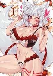 1girls big_breasts breasts choker crotchless_panties crush_crush facepaint fangs female female_only female_solo fox fox_ears fox_girl fox_tail heart huge_breasts lingerie looking_at_viewer osiimi red_eyes sad_panda_studios silver_fur silver_hair skimpy_underwear solo solo_female suzu_(crush_crush) thick_thighs wink winking_at_viewer