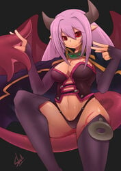 alma_elma big_breasts blue_jacket bustier cleavage corset demon demon_girl demon_horns demon_tail demon_wings female hand_gesture horns mon-musu_quest! monster_girl monster_girl_quest navel pointy_ears purple_hair red_eyes simple_background skello-on-sale skimpy_clothes succubus succubus_costume succubus_horns succubus_queen succubus_tail succubus_wings tail thick thick_thighs wings