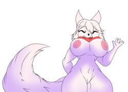 anthro ass big_breasts big_butt big_tail breasts canid canine female fluffy fluffy_tail fox genitals hair hair_over_eye kajizy mammal one_eye_obstructed pussy smile solo