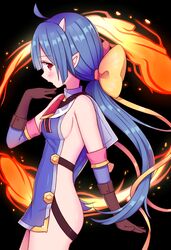 ass blue_hair blush demon_girl epic7 female homunculus horns long_hair looking_at_viewer ravi_(epic7) red_eyes sideboob skimpy_clothes small_breasts video_games