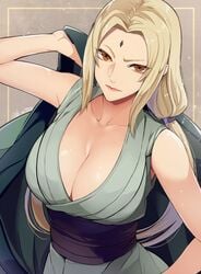 1girls bb_m0024 blonde blonde_hair breasts brown_eyes cleavage clothed_female facial_mark female female_only forehead_mark haori holding_clothing kimono large_breasts long_hair looking_at_viewer low_tied_hair naruto naruto_(series) naruto_shippuden short_kimono sleeveless smile tied_hair tsunade twintails