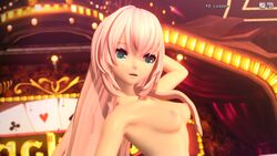 3d blue_eyes breasts clueless confused eyelashes fishbones looking_down megurine_luka naked nipples nude_female pink_hair posing project_diva_(series) vocaloid