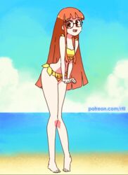 >_< 1girls adorable animated animated_gif atlus barefoot beach big_eyes bikini blunt_bangs cold_water cute day feet female female_only full_body glasses knees_together_feet_apart long_hair midriff navel ocean orange_hair outdoors persona persona_5 pigeon-toed rtil sakura_futaba sega shin_megami_tensei skinny skinny_girl slender slender_body small_breasts solo solo_female solo_focus splashing surprised toes very_long_hair water waves wholesome wide_eyed yellow_bikini