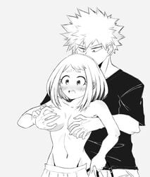 1boy 1boy1girl 1girls blushing breast_hold breasts grchloex groping_breasts katsuki_bakugou my_hero_academia nipples ochako_uraraka straight