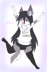 1boy bulge canid erection femboy fuckedfox furry hung_trap leaking_precum long_hair male_only penis_imprint presenting small_but_hung smaller_male solo stretching thighhighs trap wolf yawning