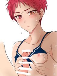 1boy 1girls blush censored_penis genderswap_(mtf) heterochromia kuroko_no_basuke male mayuzumi_chihiro nipples paizuri penis red_hair rule_63 seijuro_akashi short_hair small_breasts sweat titjob white_background