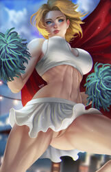 1girls abs ass ass_visible_through_thighs bare_legs bare_midriff big_breasts blonde blonde_hair blue_eyes blush blushing bottomless breasts cape cheerleader crop_top dc dc_comics female female_only going_commando kara_zor-l karen_starr labia large_breasts light-skinned_female light_skin miniskirt navel no_panties nopeys power_girl pussy pussy_peek red_cape short_hair skirt skirt_up solo superman_(series) sweat toned toned_female vagina
