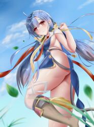 ass blue_hair blush demon_girl demon_tail epic7 female homunculus horns long_hair looking_down ravi_(epic7) red_eyes skimpy_clothes small_breasts video_games