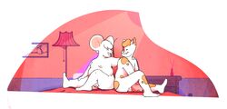 anthro domestic_cat duo felid feline felis genitals hi_res male male/male mammal mouse murid murine nipples nude penis punstar rodent simple_background slightly_chubby smile