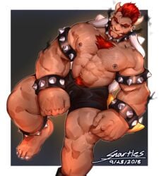 bara biceps bodybuilder bowser daddy dilf feet jock male_only manly mario_(series) muscular_male nipple_bulge pecs red_hair snartles spikes straps thick_legs thick_thighs uncle underwear zaddy