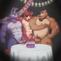 2020 5_fingers anthro anthrofied balls bear birthday bonnie_(fnaf) bowtie bunny cake canid canine erect erect_penis erection eyepatch five_nights_at_freddy's fox foxy_(fnaf) freddy_(fnaf) gay group hat hi_res hook hook_hand humanoid_genitalia humanoid_penis inkart_flow lagomorph leporid male male/male male_only mammal nipples party party_hat paws penis presenting presenting_penis presents pubic_hair rabbit scars table tophat ursid video_games yaoi