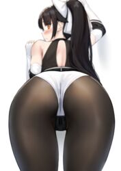 1girls amber_eyes anti_(0324) ass ass_focus azur_lane bent_over black_hair black_legwear blurry blush cameltoe clothed from_behind gloves hair_ribbon long_hair looking_at_viewer looking_back panties pantyhose ponytail presenting presenting_hindquarters takao_(azur_lane) thigh_gap white_background