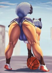 1futa 2020 anthro ball basketball_(ball) bent_over blue_hair bodily_fluids brand_new_animal breasts canid canine footwear furry futanari genital_outline highres jindragowolf mammal michiru_kagemori nipple_outline raccoon_dog shirt short short_hair signature solo solo_futa studio_trigger sweat tank_top tanuki testicles_outline topwear