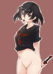 akame_ga_kill! batatata77 black_eyes black_hair black_shirt bottomless cookie half_naked hands_behind_back katana kurome_(akame_ga_kill!) pussy uncensored