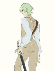 1boy ass ass_focus back big_ass byleth_(fire_emblem) byleth_(fire_emblem)_(male) fire_emblem fire_emblem:_three_houses green_eyes green_hair looking_back male male_only mizuno_(iori-amu) nintendo simple_background solo_focus