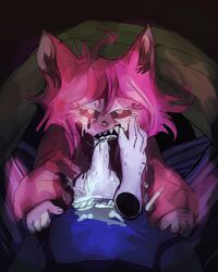 bed bedroom cat_ears cat_girl catgirl cum cum_in_mouth fur furry lights_off original_character teeth