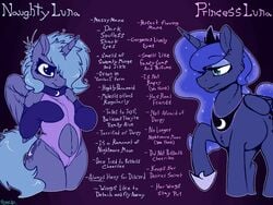 absurd_res alicorn blue_eyes blue_hair cameltoe clothing comparison crown english_text equid equine female feral friendship_is_magic hair hasbro hi_res horn leotard mammal messy_hair my_little_pony princess_luna_(mlp) quadruped semi-anthro skoon sparkles text tiara unguligrade_legs wings