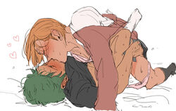 2boys anal blush canon_crossdressing crossdresser_on_top crossdresser_topping crossdressing josou_seme kissing male male/male male_only missionary_position one_piece panties panties_around_leg penis_under_skirt pink_panties roronoa_zoro sanji school_uniform skirt sweat vinsmoke_sanji yaoi