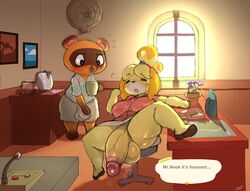 2020 animal_crossing anthro ass big_balls big_butt big_penis blush dog_girl embarrassed erection fur furry futa_focus futanari huge_cock isabelle_(animal_crossing) nintendo spread_legs starykrow sweat thick_thighs tom_nook