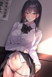 black_hair bow bowtie breasts commentary_request cowboy_shot eyebrows_visible_through_hair female hair_between_eyes highres large_breasts looking_at_viewer medium_hair mole mole_under_eye navel original panties pussy_juice red_eyes solo underwear yuyu_(yuyuworks)