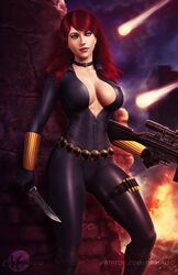 1girls big_breasts black_widow_(marvel) bodysuit female female_focus female_only green_eyes gun human human_only knife light-skinned_female light_skin long_hair martaino marvel marvel_comics meteor natasha_romanoff red_hair solo solo_female solo_focus unzipped unzipped_bodysuit weapon