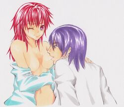 1boy 1girls atsushi_murasakibara genderswap_(mtf) kuroko_no_basuke long_hair purple_hair red_hair rule_63 seijuro_akashi simple_background tagme white_background