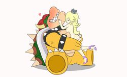 1boy 1girls anthro ass blonde_hair blush bowser breasts female female_domination female_on_anthro fenrirseven full_body hair_over_one_eye interspecies long_hair looking_pleasured male mario_(series) nintendo princess_rosalina seducing seductive seductive_eyes seductive_look seductive_smile simple_background sitting size_difference soft white_background