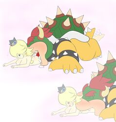 1boy 1girls anthro anthro_on_female ass ass_eating ass_lick ass_licking blonde_hair blue_eyes bowser breasts female fenrirseven hair_over_one_eye interspecies male mario_(series) multiple_views nintendo open_mouth princess_rosalina simple_background white_background