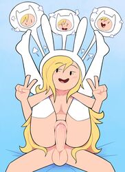 1boy 1girls absurd_res adventure_time alternate_self balls blonde_female blonde_hair blonde_male blush bunny_ears canon_genderswap cartoon_network double_v expressions female female_focus female_penetrated finn_the_human fionna_the_human_girl full_nelson full_nelson_(legs_held) full_nelson_vaginal hat highres human male male_penetrating miscon mob_face nude open_mouth penis selfcest sex sitting speech_bubble straight testicles thighhighs v v_sign vagina vaginal vaginal_insertion vaginal_penetration vaginal_sex w_arms