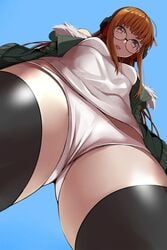 1girls atlus ginger_hair glasses looking_down low-angle_view nemu_(nebusokugimi) panties pantsless persona persona_5 sakura_futaba standing_over_viewer submissive_pov tagme teenage_girl thighhighs white_panties