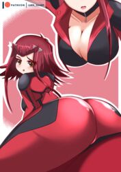 akiza_izinski big_ass big_breasts bodysuit cleavage clothed_female clothing collar female female_focus female_only izayoi_aki konami luex png red_hair solo solo_female solo_focus yu-gi-oh! yu-gi-oh!_5d's