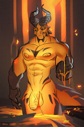 anthro balls dragon fire genitals hi_res i.kain lava male male_only muscular muscular_anthro muscular_male penis solo volcanic_creature volcanic_setting