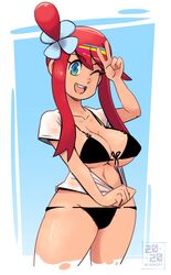 1girls big_breasts bikini black_bikini blackcat18up blue_eyes breasts eye_contact female gym_leader long_hair looking_at_viewer nintendo one_eye_closed pale-skinned_female pale_skin pokemon pokemon_bw red_hair skyla_(pokemon) solo standing thighs