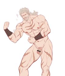 1boy abs absurdres bar_censor bara beard censored chest collarbone facial_hair feet_out_of_frame flaccid flexing granblue_fantasy highres k_sen212 long_hair male_focus male_only manly moustache muscle navel nipples nude pectorals penis pose scar solo soriz sparkle thick_thighs thighs underwear underwear_only