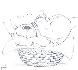 anthro anus baby_bottle basket black_eyes bodily_fluids breasts felid female goo_(razy) hi_res lying mammal monochrome razy signature sketch snot solo